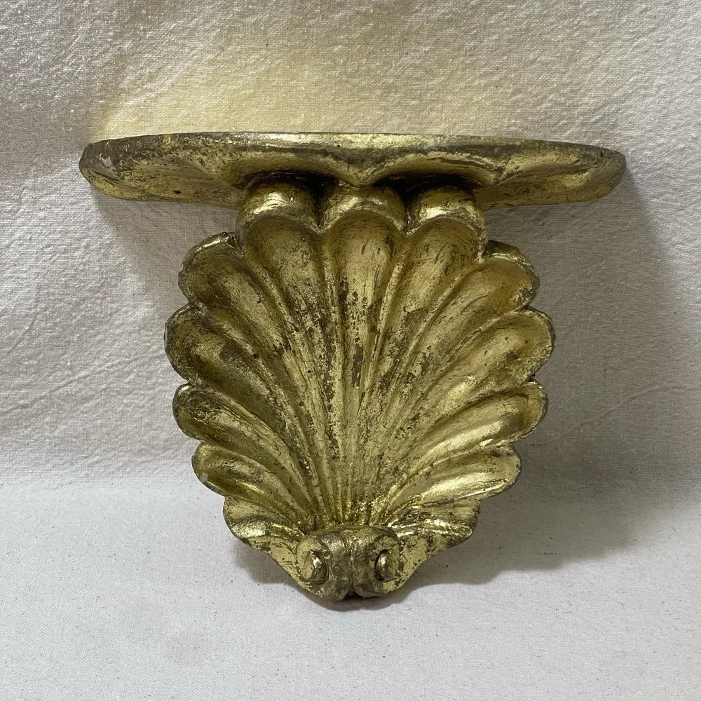 Vintage Distressed Gilded Gold Ornate Distressed Shell‎ Wall Shelf Sconce Decor